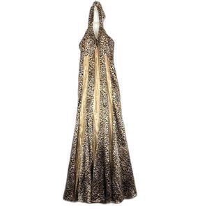 Vintage Y2K Kiss Kiss Formal Beaded Leopard Prom Dress Size 6 Halter Satin